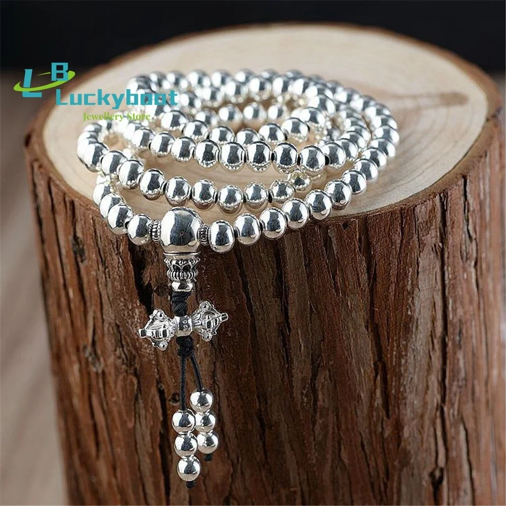 

6/8mm Genuine 925 Silver Polished 108 Beads Bracelet Buddhist Multi Layer Rosary Mala for Men or Women Prayer Meditation