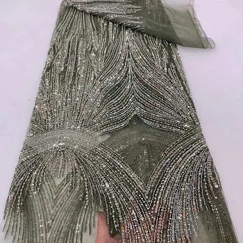 ไนจีเรียภาษาฝรั่งเศสคำ Sequins ลูกไม้ผ้าขายร้อนทำด้วยมือปักแอฟริกันลูกปัดลูกไม้ผ้าตาข่ายสุทธิสำหรับผู้หญิงเย็บ TS2042