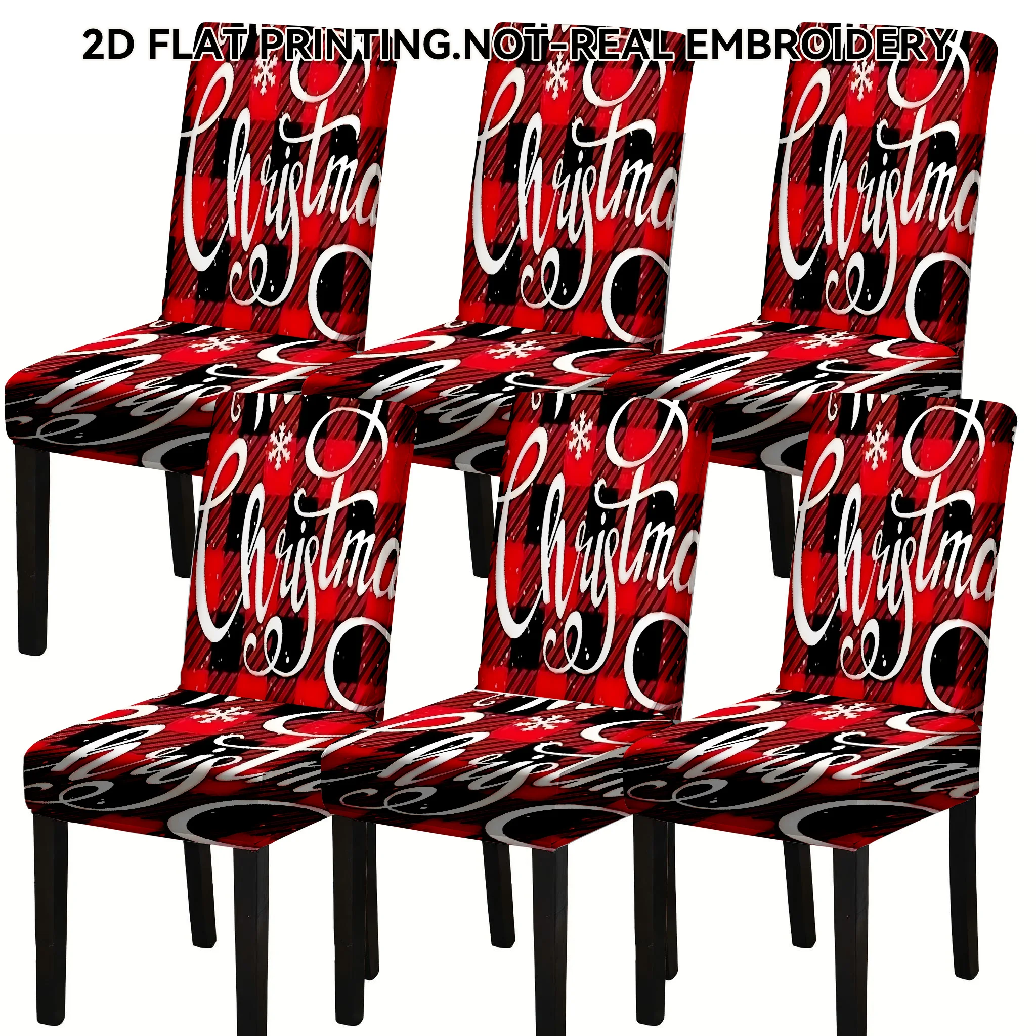 2/4/6 PCS Christmas Plaid Merry Christmas Elastic Dining Chair Covers, 2D Flat Printed Christmas Decoration Chair Covers