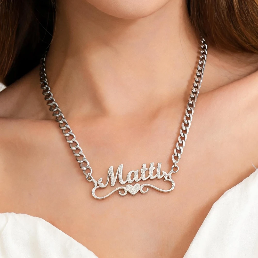 Personalisierte Namenskette Damenschmuck Edelstahl Silberfarben Choker 3mm Kubanische Kette Herz-Schleifenband Namensschild Anhänger Halskette