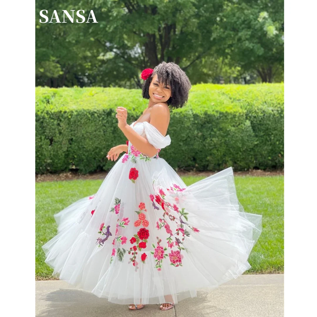 

Sansa Princess Off Shoulder A-line Tulle Prom Dress Rose Lace Embroidery Vestidos De Fiesta Knee Lenght Tulle فساتين سهرة