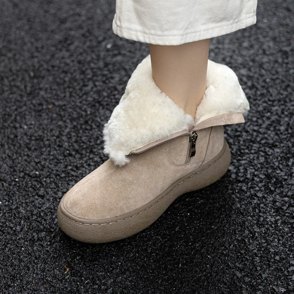 Ladies Casual Mid‑Calf Boots Real Sheepskin Leather Thick Rubber Zip Closure Warm Footwear for Autumn Winter Everyday Occasions