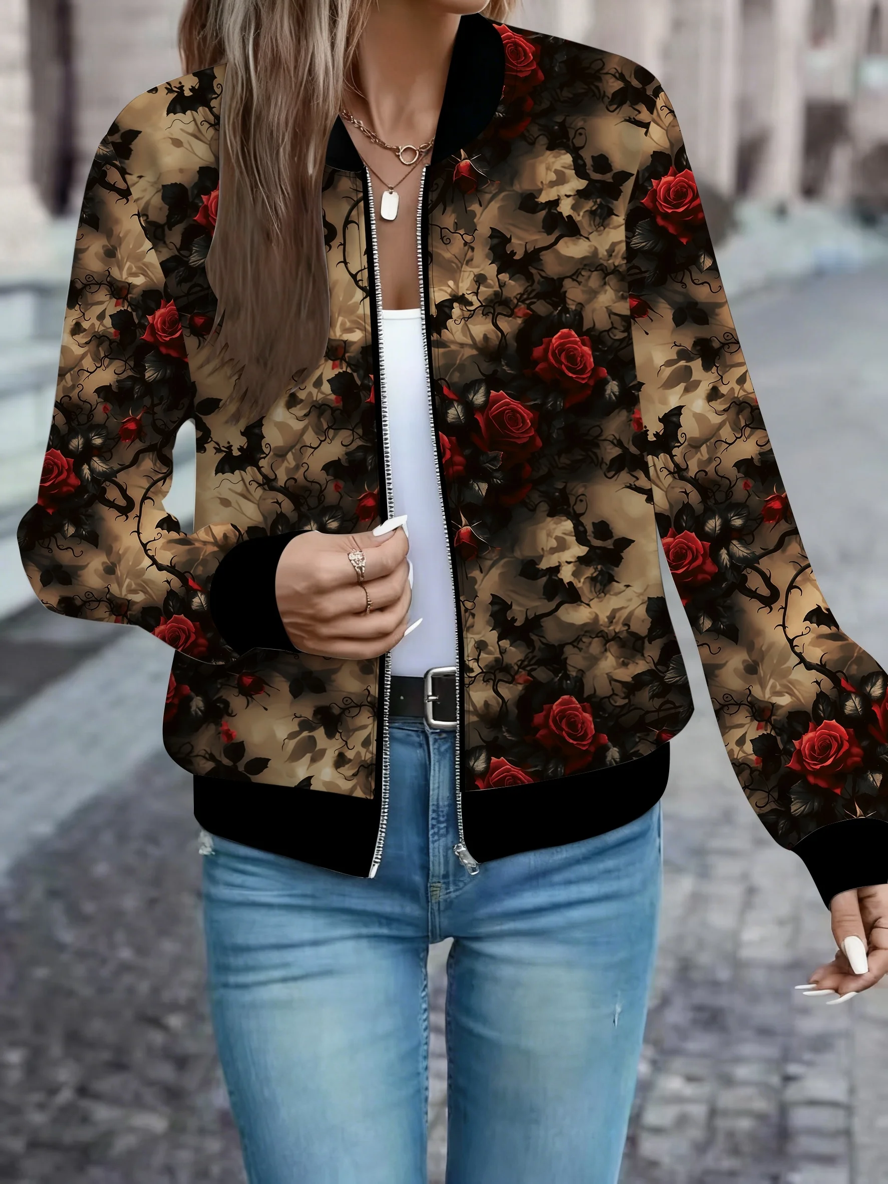 Retro Gothic Style Jacket with Atmospheric Rose Floral Print Baseball Jacket