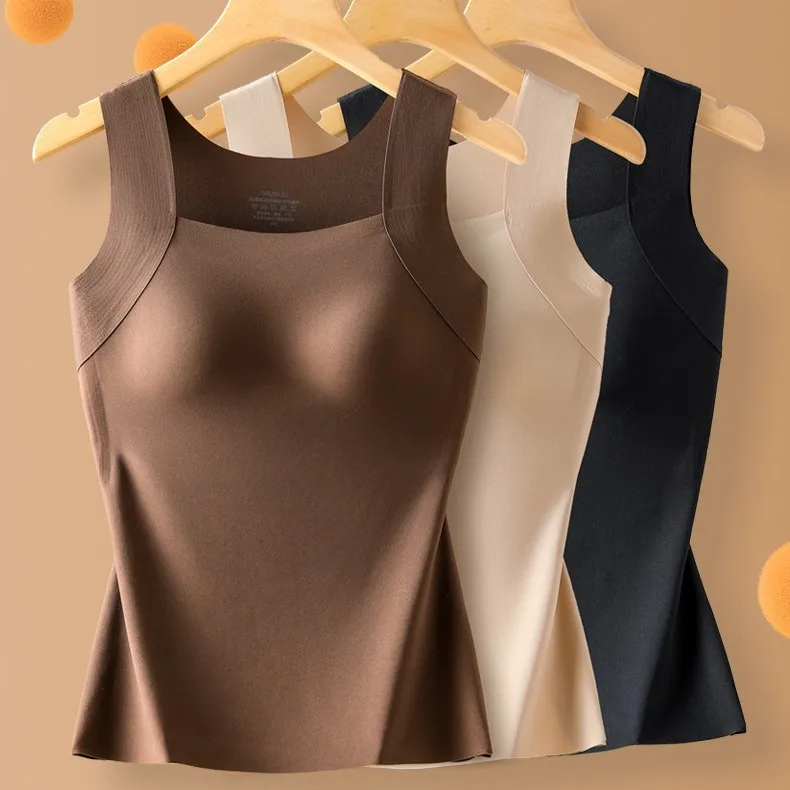 Autumn Winter Women Padded Slim Warm Vest Seamless Velvet Thermal Versatile Underwear Top Lady Simple Trendy Interior Tops L-2XL