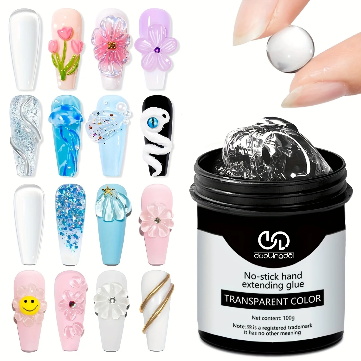 

100g Non-Stick Hand Solid Nail Extension Gel -Clear Pink White Prolong Hard Gel 3D Carving Flower Nail Art Shaping Gel
