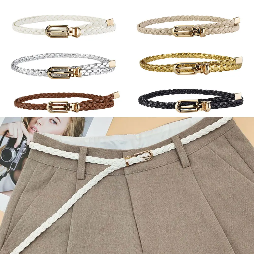 

Женский декоративный тканый узкий ремень для платья, рубашки, брюк, с узлом, из искусственной кожи, с металлической пряжкой-шпилькой, тонкий, плетеный