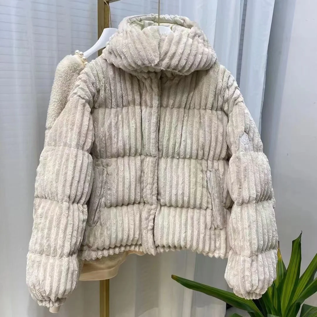 women fashion 2023 jacket Newest 90% white duck down hooded beige casual corduroy short coat super warm winter parkas