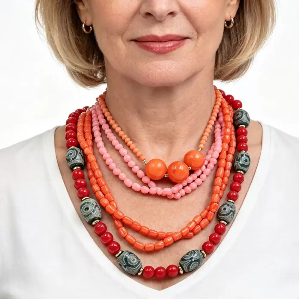 Vintage Women Jewelry RetroNatural Sea Bamboo Red Orange Coral Short Chokers Necklace 18inch