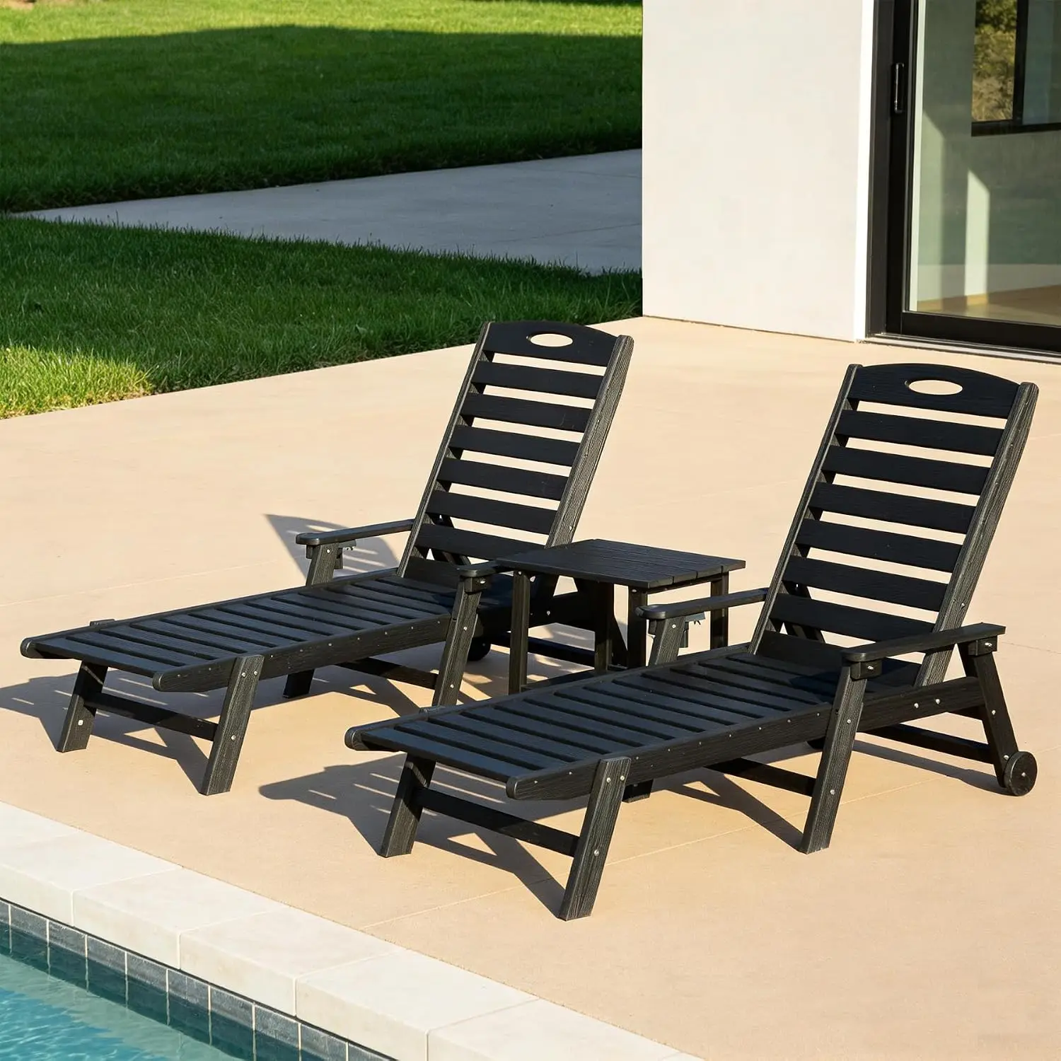 Domi HDPE Pool Patio Chaise Lounge Chair Outdoor Lounger Chair Set of 2 | Black, Side Table, Wheels, Adjustable,, Customized