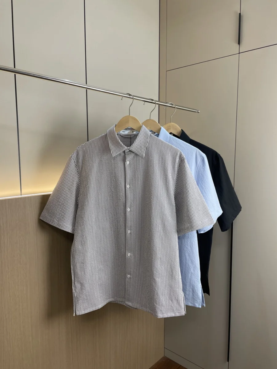 

Fashionable Casual Men's Short Sleeve Shirt Summer Thin Standard Fit H Brand Folded Texture Stylish Outerwear Trendy