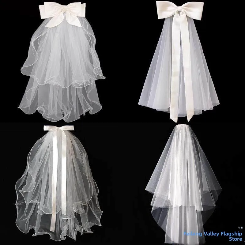Velo de novia corto para niños, pañuelo con nudo para la cabeza, modelo corto de doble capa para ceremonia de boda de adultos y niños
