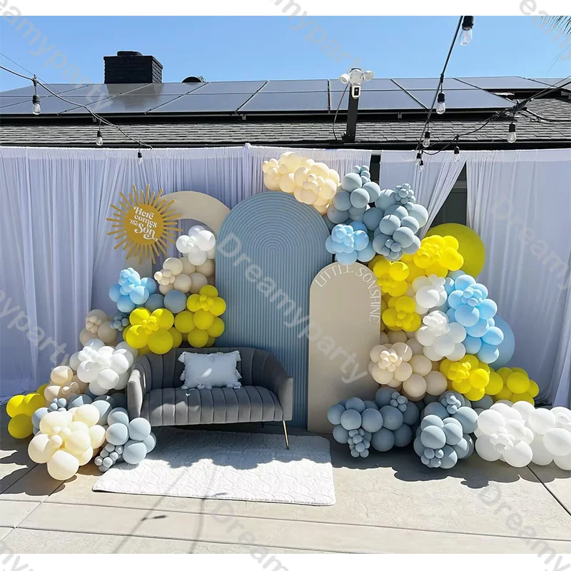 177pcs Sunshine Balloon Kit Blue Yellow Sun Balloons Baby Shower Boys Birthday Gender Reveal Here Comes the Son Backdrop Decor