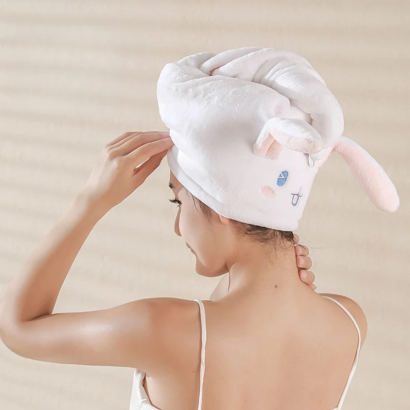 1pc Hair Drying Towel Cute Rabbit Ear Wet Hair Wrapping Hat Soft Coral Fleece White Pink Women's Hair Drying Towels