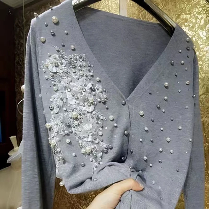 Luxury Pearls Beaded Flowers Stitch Knitted Cardigan Women Heavy Industry New In Long Sleeve V-neck Knitted Outwear Sweater Top