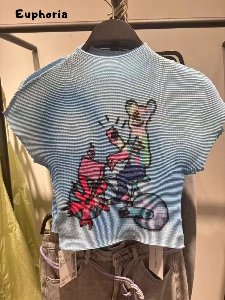 تي شيرت نسائي غير رسمي مطبوع عليه رسوم كارتونية من Euphoria بأكمام قصيرة ورقبة مستديرة تي شيرت نسائي أنيق أزرق Y2K ملابس الشارع الشهير بقصة ضيقة تي شيرت