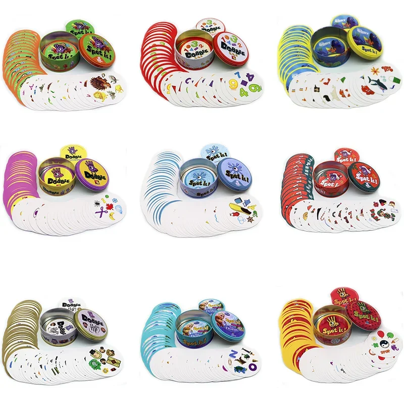 Juego de cartas Dobble de 25 estilos, caja de hierro, deporte, diversión, familia, animales, Jr Hip, juego de mesa para niños, regalo, vacaciones, Camping, caja de lata 123