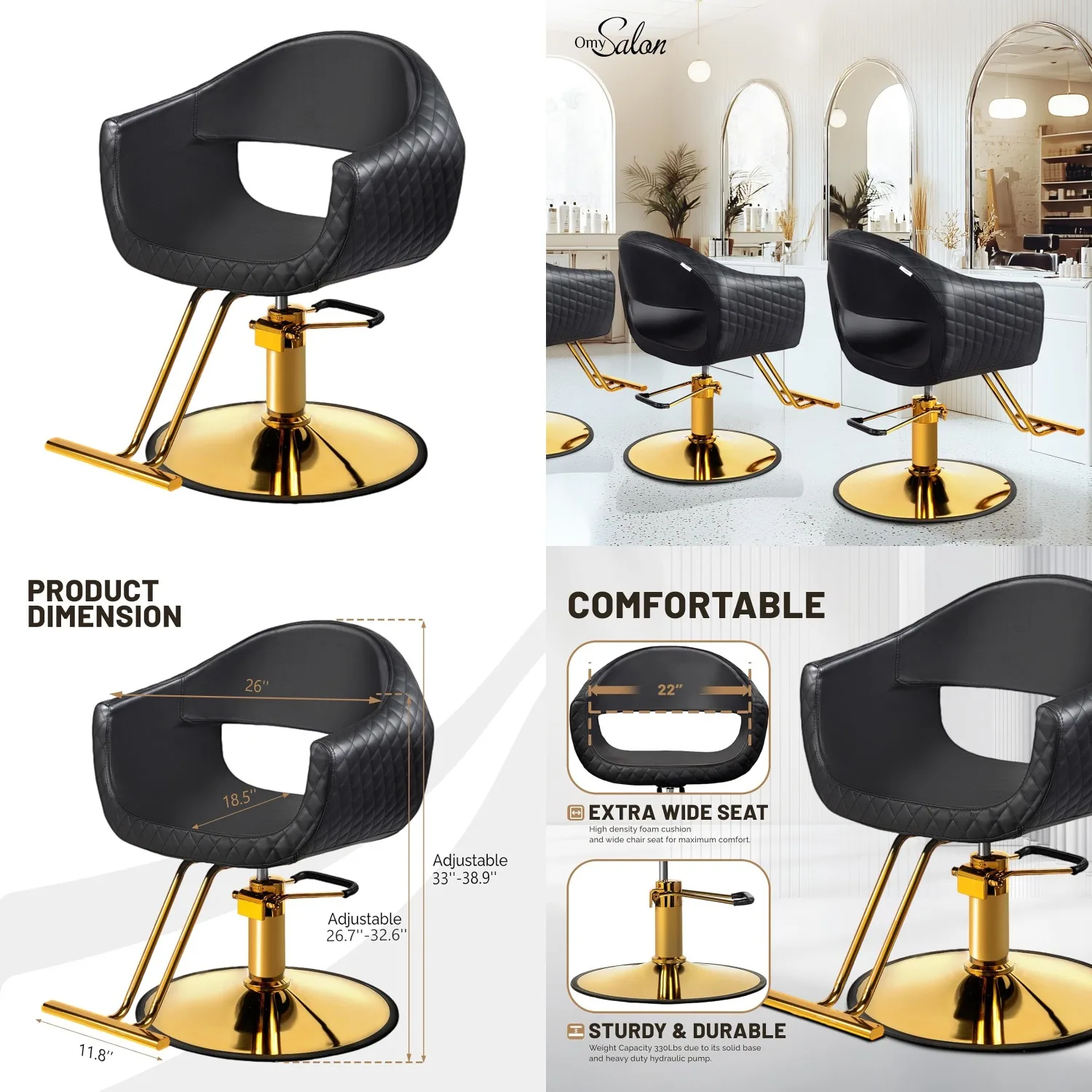 

Парикмахерское кресло Black & Gold с гидравлическим насосом повышенной прочности, вращение на 360° ° Поворотная подставка для ног для салонов красоты и спа, на заказ