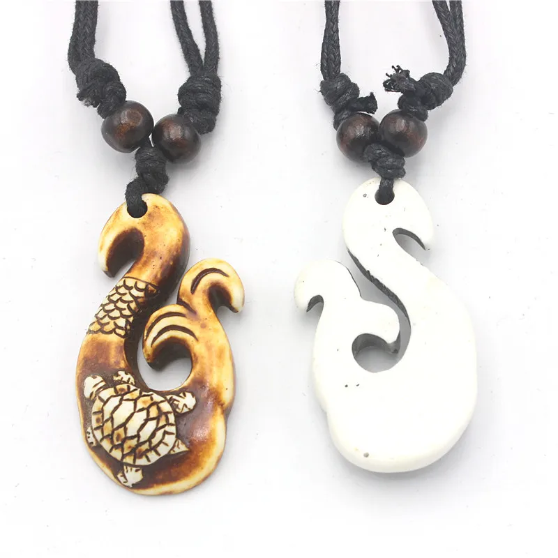 RUEMOY Maori Fish Hook Sea Turtle Pendant Necklaces, Resin Faux Bone, 2 Colors, Adjustable Wood Bead Black Braided Cord