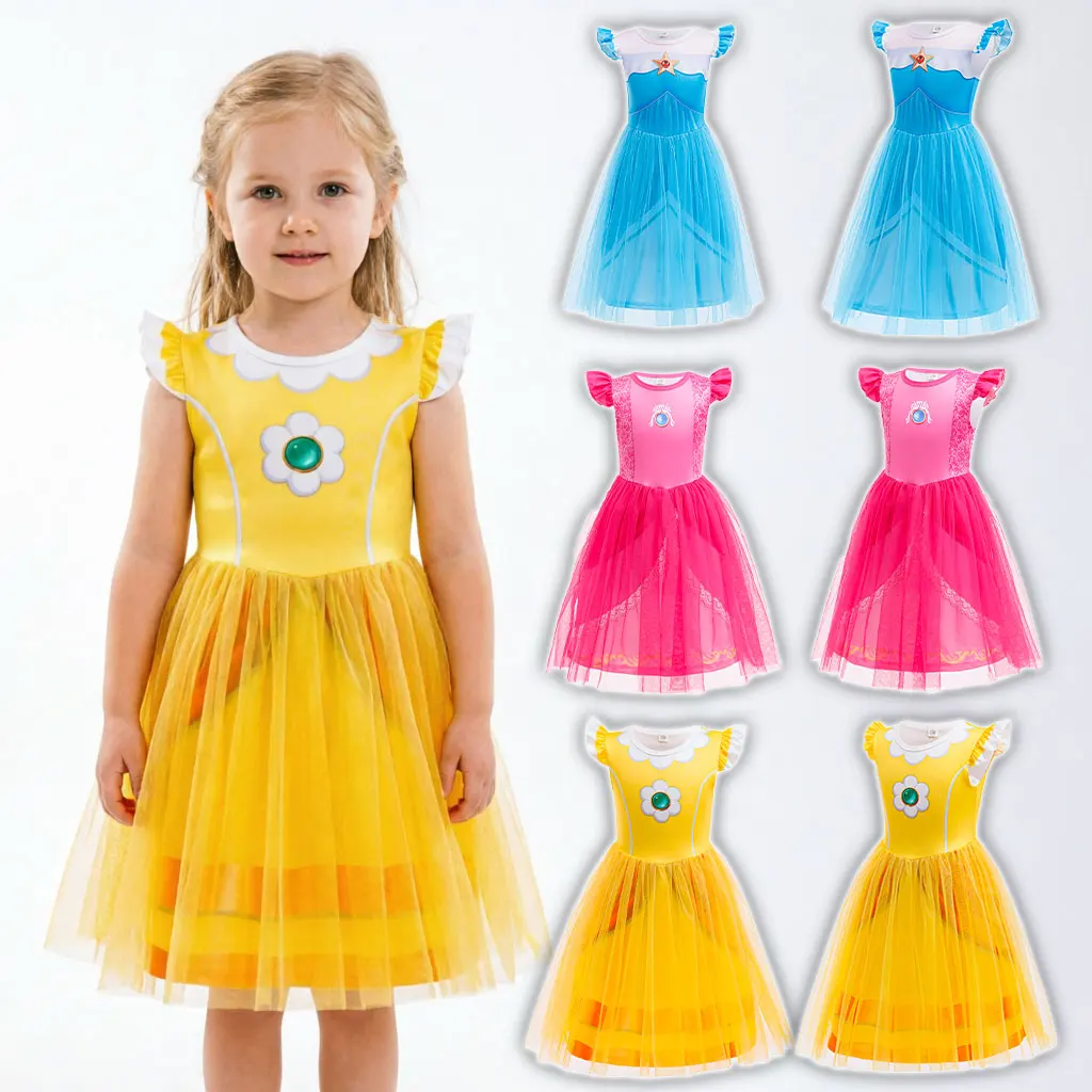 Kids Plumber Bros Princess Cosplay Rosalina Dress Flutter Sleeve Mesh Tutu Girls Fancy Peach Costume Daisy Summer Casual Frocks