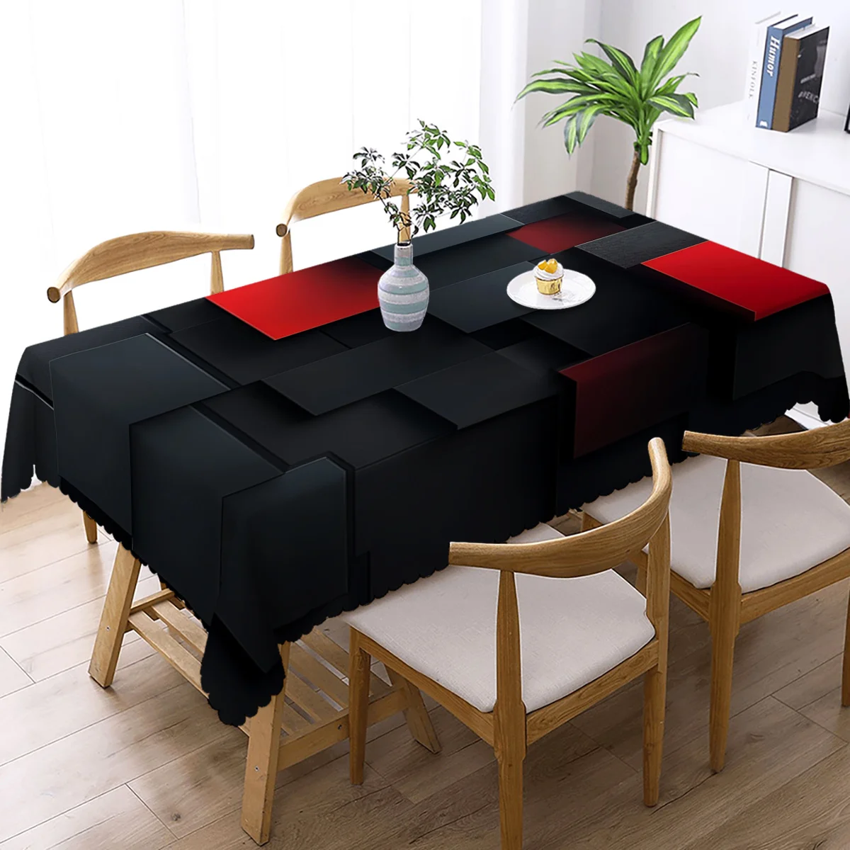 1pc Attractive and Simple Red and Black Square Geometric Three-Dimensional Texture Printed Rectangular Tablecloth yzb