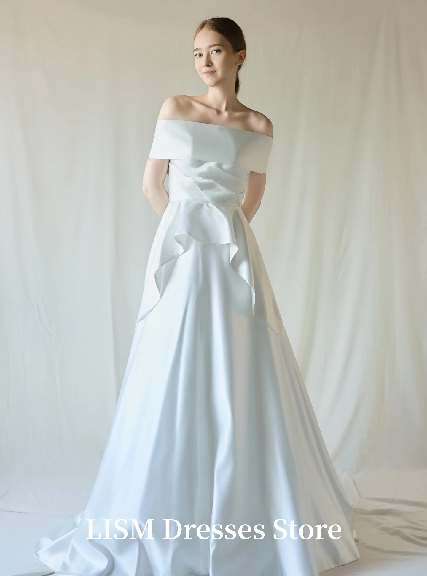 LISM Designed A-Line Simple Korea Wedding Dresses Off Shoulder Photo Shoot Soft Satin Elegant Bridal Gowns 웨딩드레스 Customized