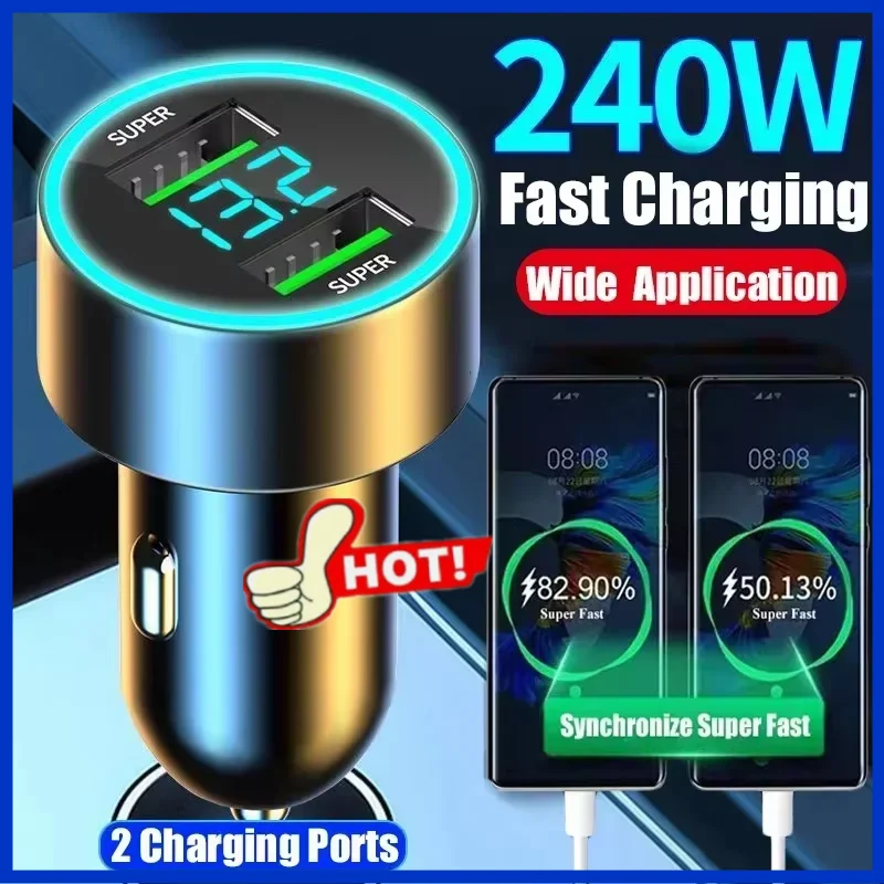 240W/120W Car Charger Fast Charging 2 USB Ports Adapter for IPhone Samsung Xiaomi Quick Charging Chargers with Digital Display