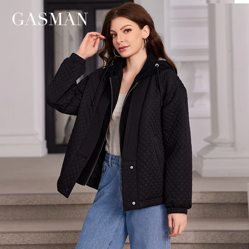 Gasman-jaqueta curta com capuz feminina, à prova de vento e quente, casual, com design emendado, 80365, primavera, 2024