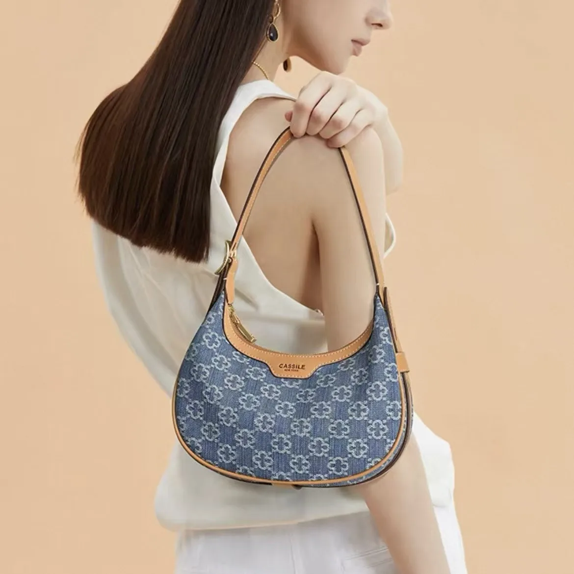 Cassile 2025 New American-style denim underarm bag, hobo handbag, crescent-shaped shoulder bag for women