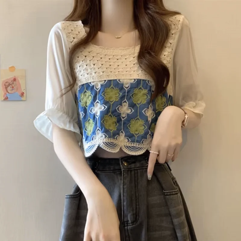 Women Crochet Knit Top with Chiffon Half Sleeve Square Neck Embroidery Floral Blouse Spring Summer Fairycore Outfit