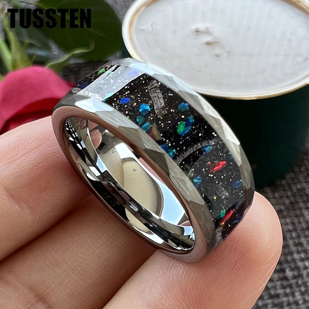 

Dropshipping TUSSTEN 8MM Tungsten Hammer Ring Men Women Wedding Band With Colorful Opal Inlay Comfort Fit