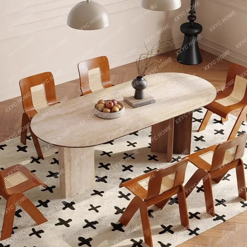 Jretro small apartment oval travertine rock slab dining table and chairs simple medieval black walnut dining table