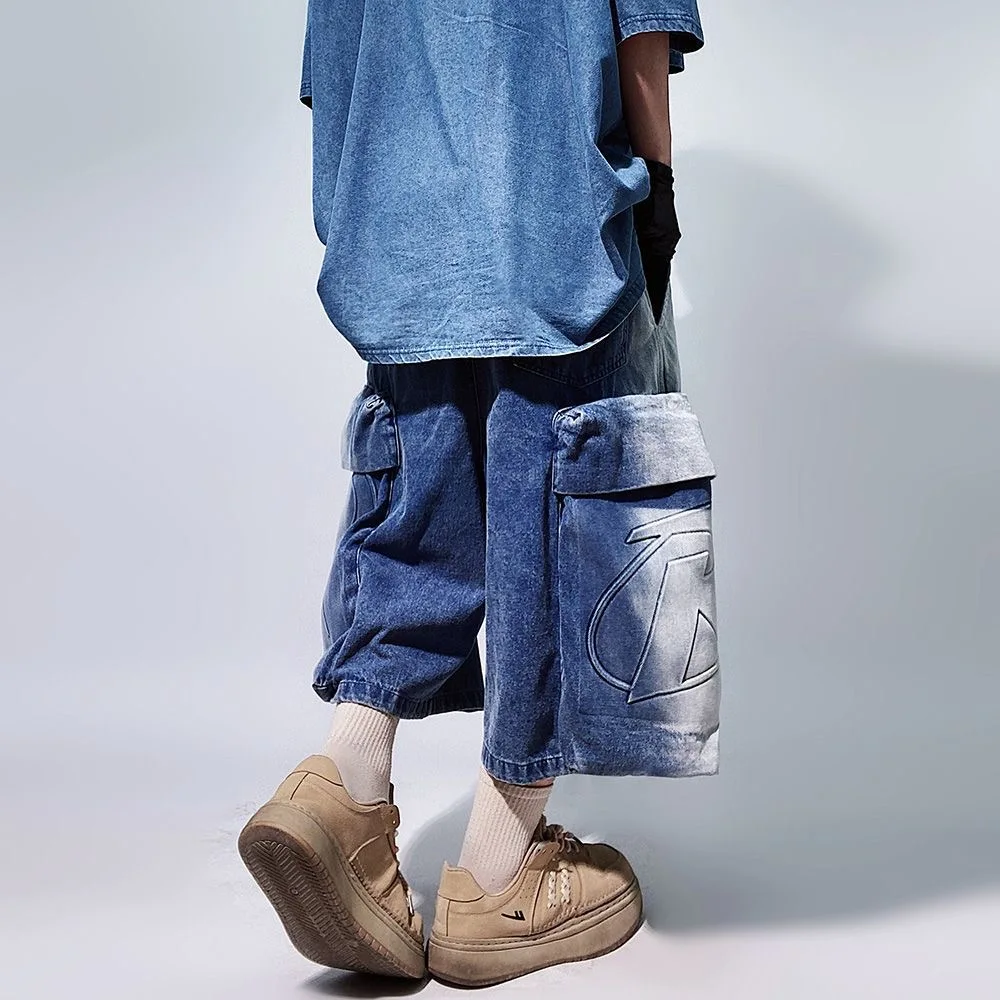 Y2k Summer New Shorts Mens Loose Retro Hip Hop Wide Leg Sweatpants Oversized Pocket Letter Pattern Denim Gym Shorts Streetwear