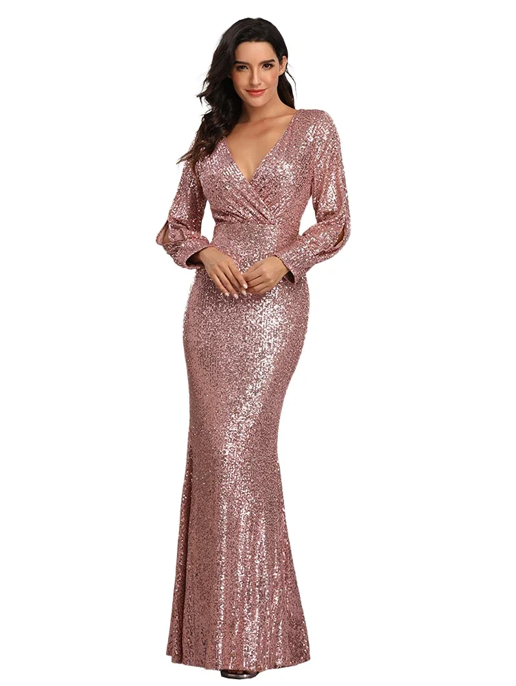 V-neck Long Sleeve Design Sequined Fishtail Skirt Ladies Cocktail Party Dress Elegant and Fashionable Party Women Evening Dress