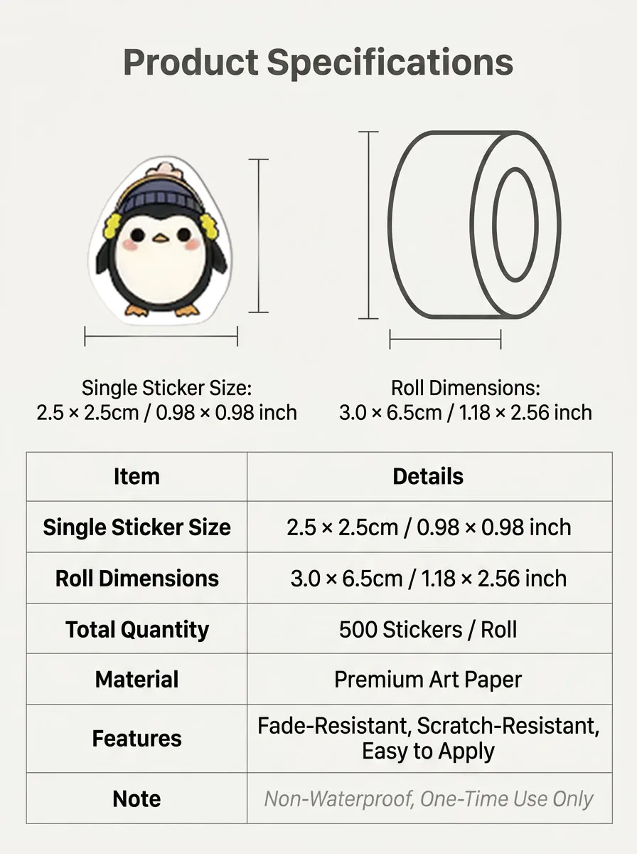 500Pcs Cute Kawaii Penguin Sticker Roll Whimsical Arctic Decals |9 Unique Designs Doodle Scrapbooking Gift Packaging Supply