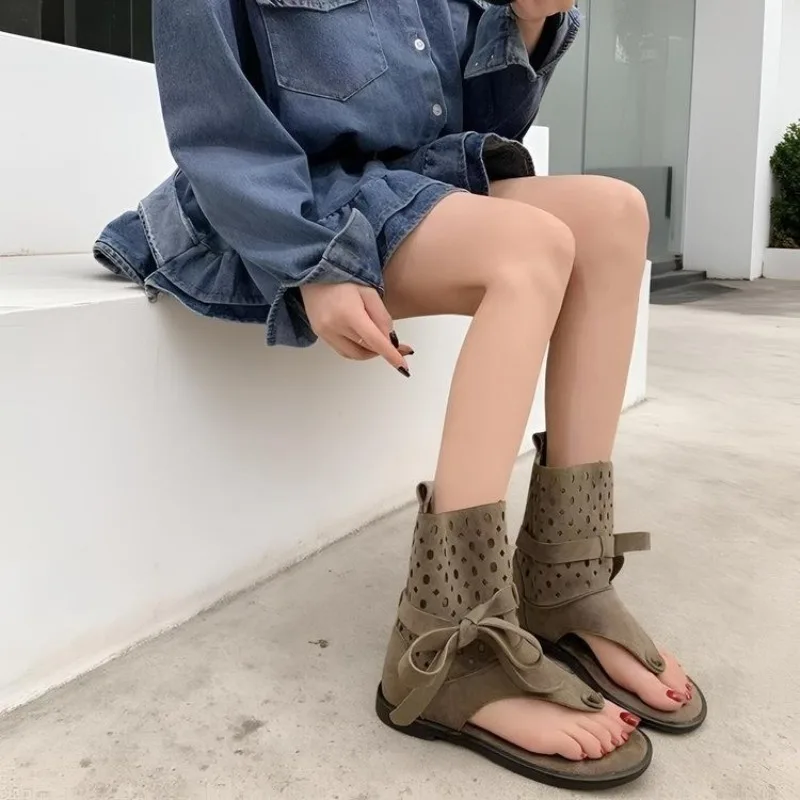 

Clip Toe Booties Summer New Round Toe Bow Cutout Breathable Soft Sole Non-Slip Sandals