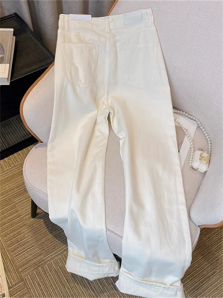 

Повседневные белые джинсовые джинсы с высокой талией для мужчин и женщин, летние модные тонкие прямые длинные брюки, широкие брюки Dra Sli