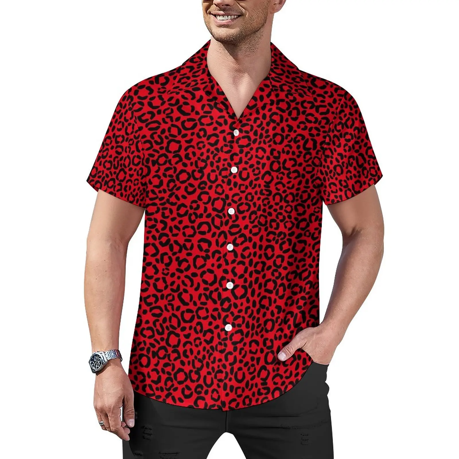 Hawaiian Sexy Rode Luipaard Vlekken Heren Shirts Voor Man Kleding Casual Y2 K Zomer Beach Street Style Plus Size Blouse