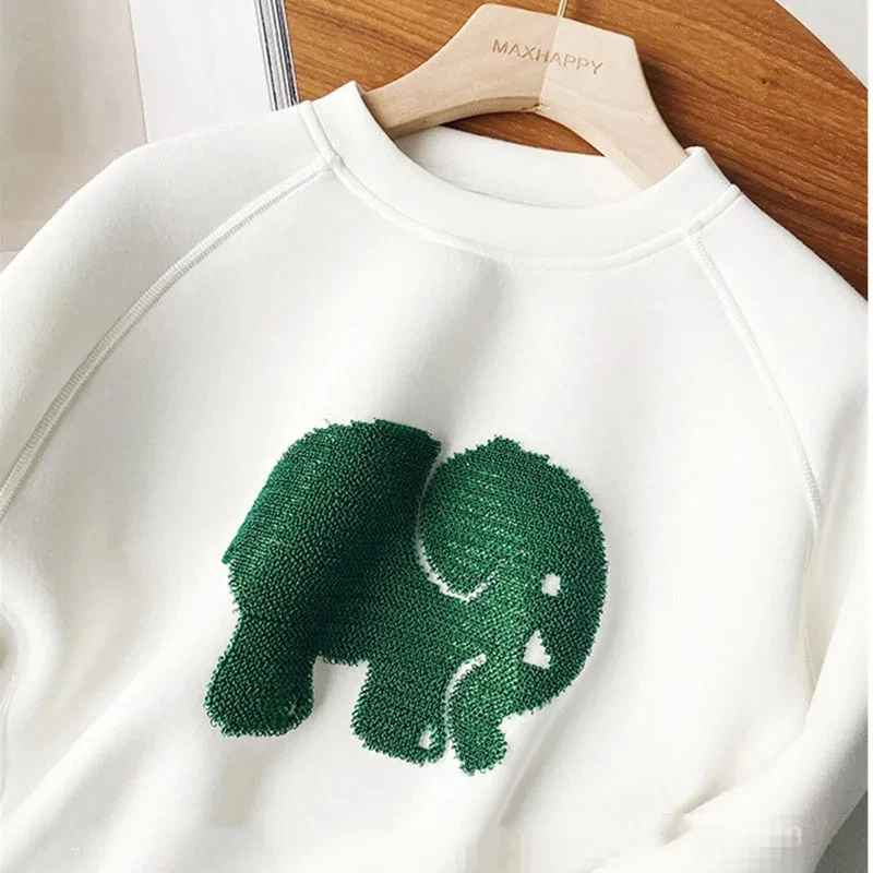 Women Fleece Crew Neck Sweatshirt 3D Woven Elephant Pattern Design Casual Ladies Pullover