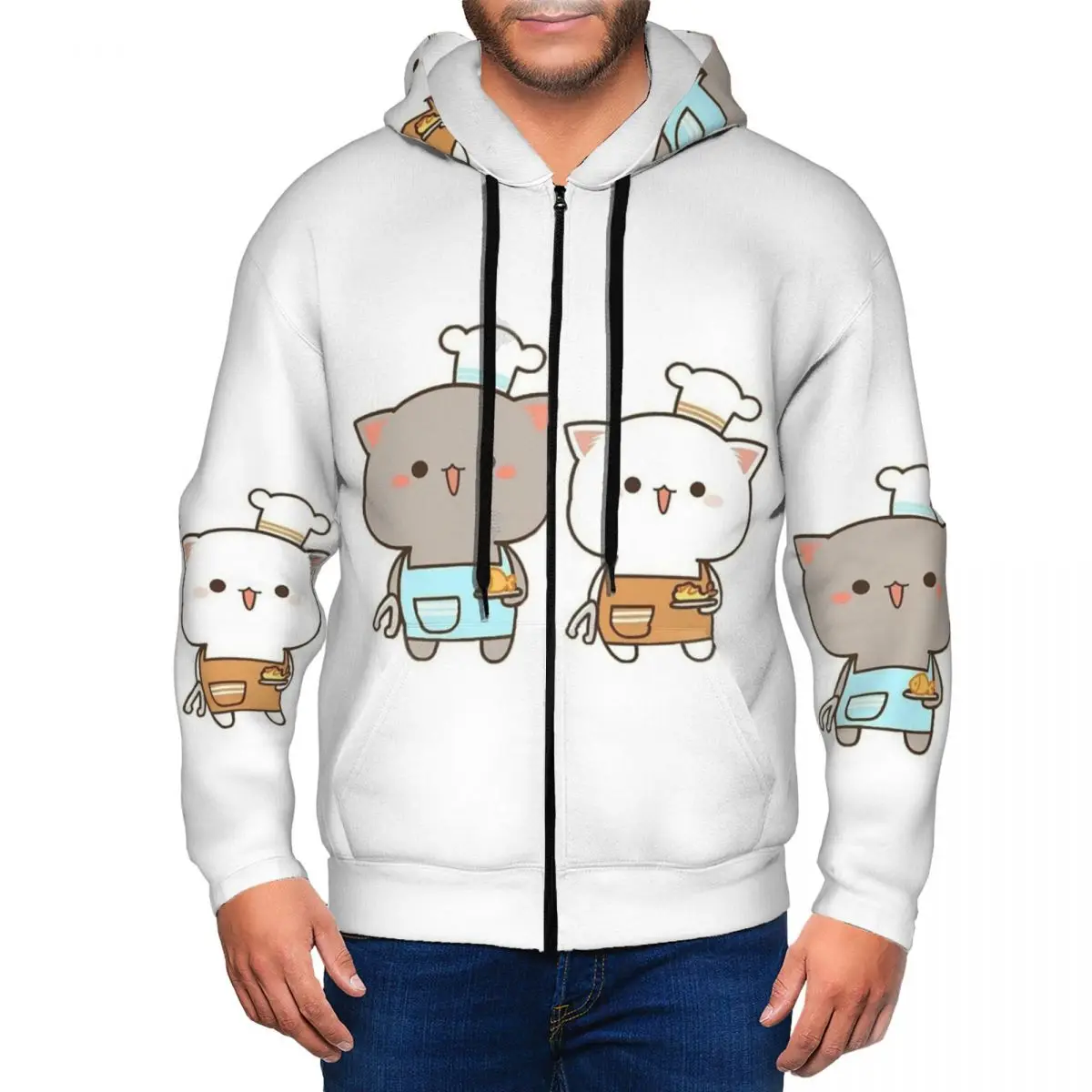 Funny Cooking Master Peach And Goma Mochi Cat Zipper Hoodies Pullover Autumn Winter Men Women Sweatshirts Long Sleeve Tops