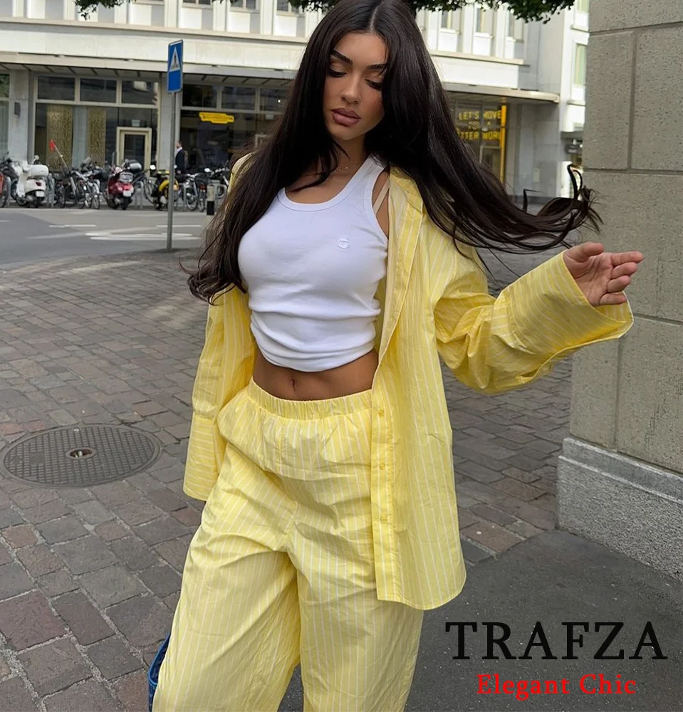 TRAFZA-Women Fashion Striped Pant Suit New 2024 Autumn Casual Classic Shirt Pant Set Energetic  Colorways Long Sleeve Shirt Set