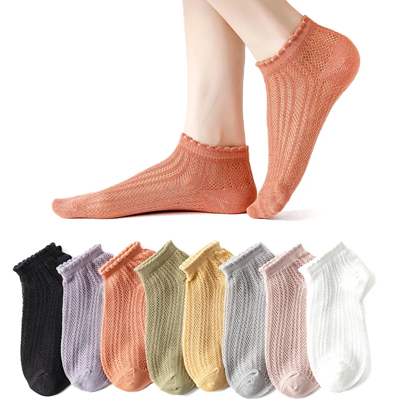 

5 Pairs Women Cotton Short Socks Summer Thin Mesh Low Cut Soft Breathable Solid Color No Show High Quality Female Ankle Socks