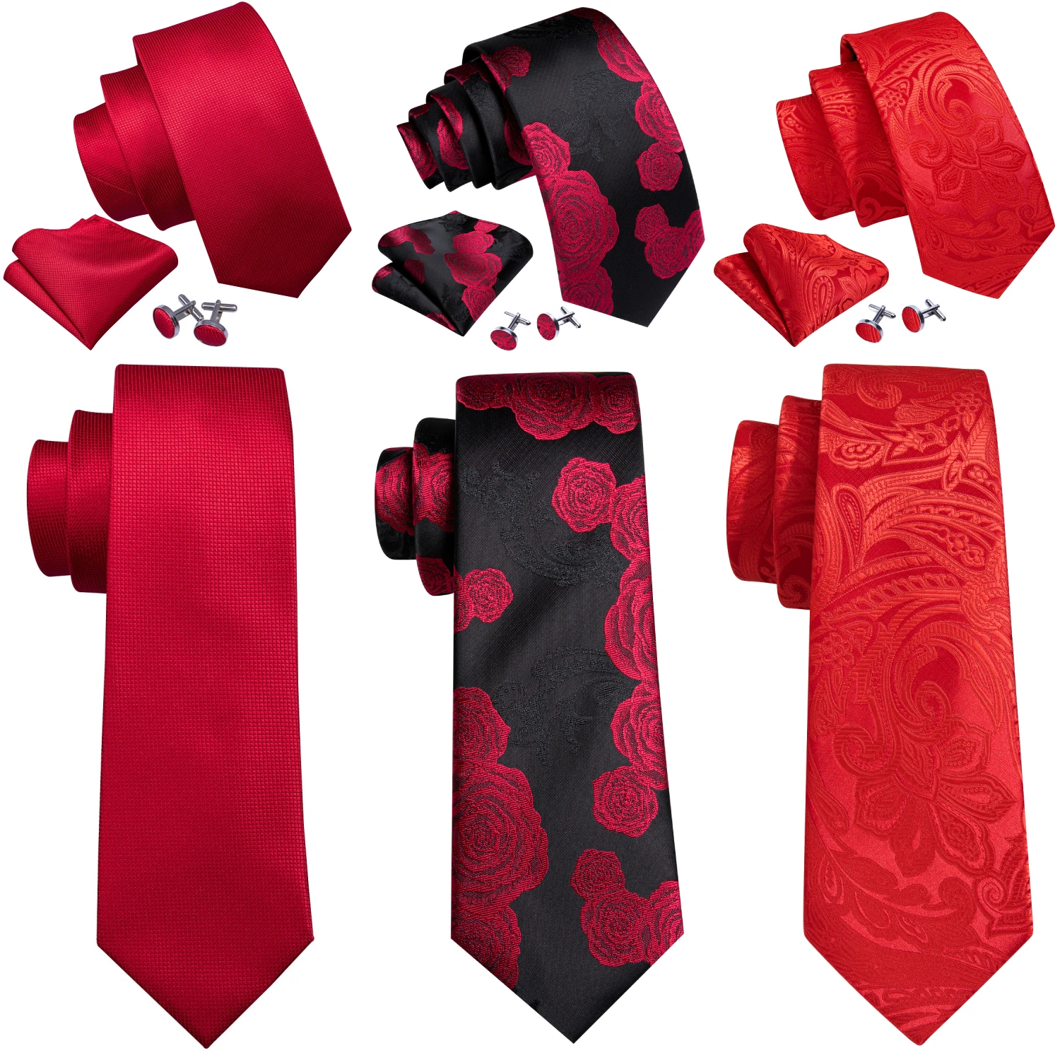 Barry.Wang Jacquard Bright Red Men's Tie With Pocket Square Cufflinks Set Exquisiet Necktie For Male Wedding Business