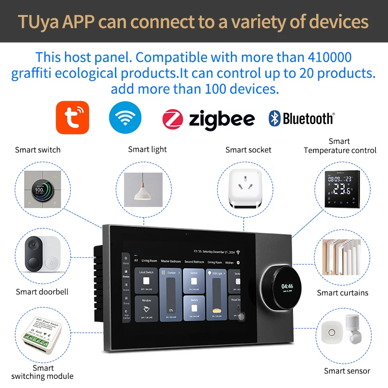 2025년 새롭게 디자인된 7인치 스마트 홈 배경 음악 터치 스크린 호스트 (내장 8채널 Tuya Zigbee 게이트웨이 벽걸이 앰프 포함)