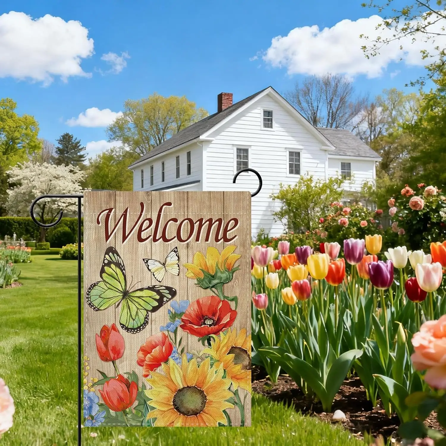 Dyrenson Welcome Spring Summer Floral Decorative Garden Flag, Sunflower Poppy Tulip Flower Butterfly Yard Outside Home Decor ZZM