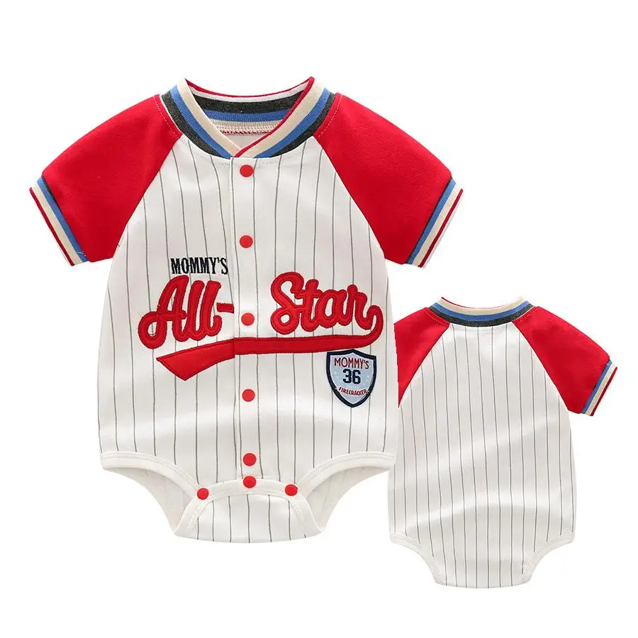 Newborn Infant Color Block Baseball Romper Short Sleeve Stripe Letter Embroidery Bodysuit Onesies For Baby Boys Toddler Clothes