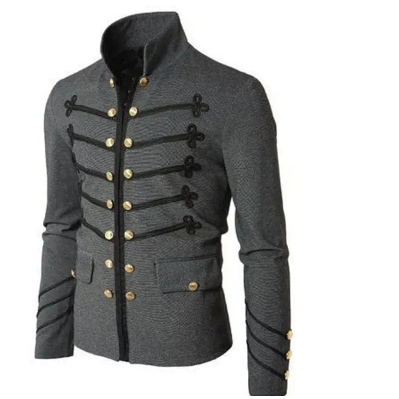 Men Vintage Military Jacket Gothic Military Parade Jacket Embroidered Buttons Solid Color Top Retro Uniform Cardigan Outerwear