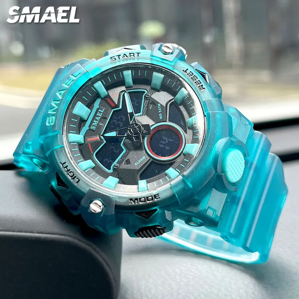 SMAEL Digital Watch for Men Double Mode Display Quartz Chronograph Wristwatch with Auto Date Week Date Clear Blue Silicone Strap