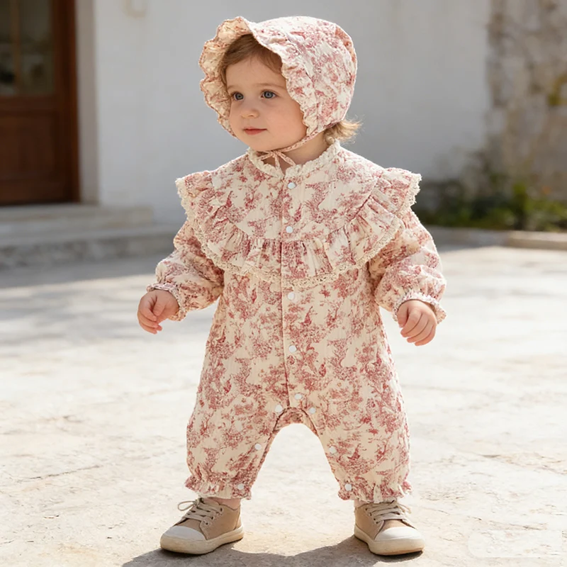 2026 New Spring Toddler Baby Girl Romper+Hat Long Sleeved Cotton Print Infant Baby Girls Jumpsuit 0-24M Children Clothes