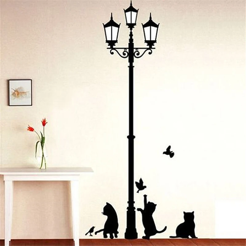 1pc DIY Popular Ancient Lamp Cats And Birds Wall Sticker Cartoon Home Decor Декор Для Комнаты Настенный Декор House Decoration