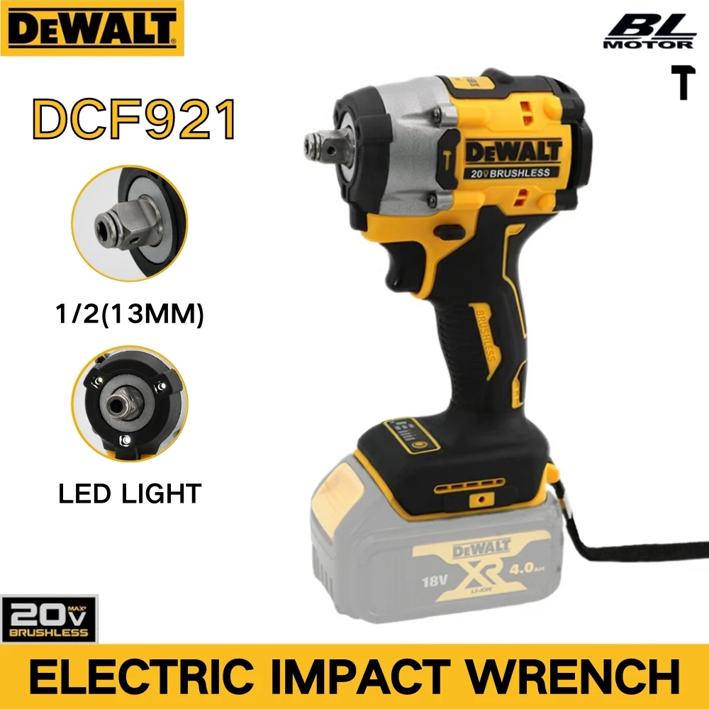 DEWALT 브러시리스 임팩트 렌치, 무선 전기 드릴, 가변 속도, 다기능 전동 공구, 베어 툴, DCF921, 20V, 1/2 인치 